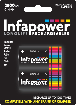 C-HR14-2500mAh INFAPOWER Ni-MH RECHARGEABLE BATTERIES pack of 2